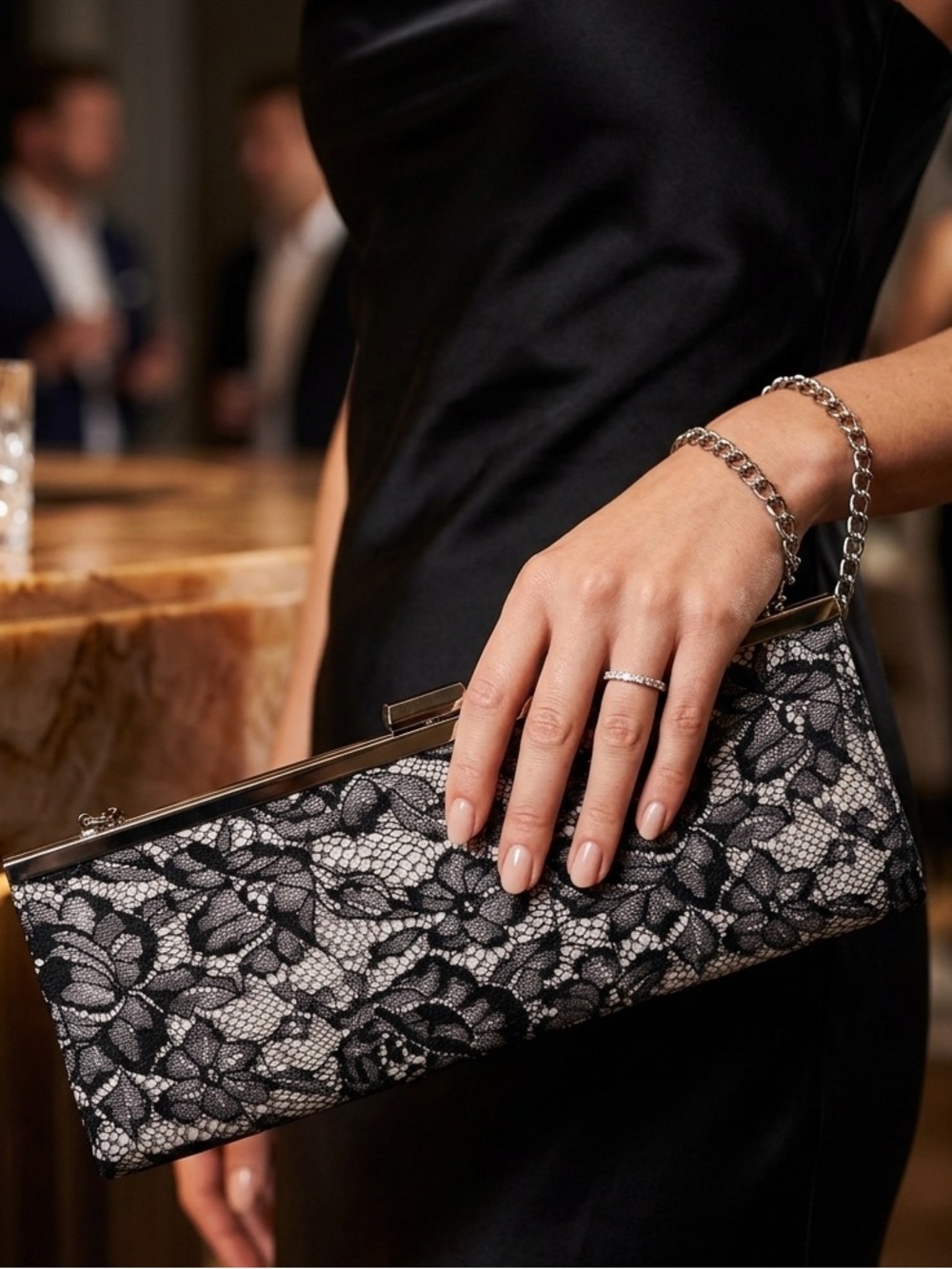 Elegant Black Lace Evening Clutch - Chain Strap
